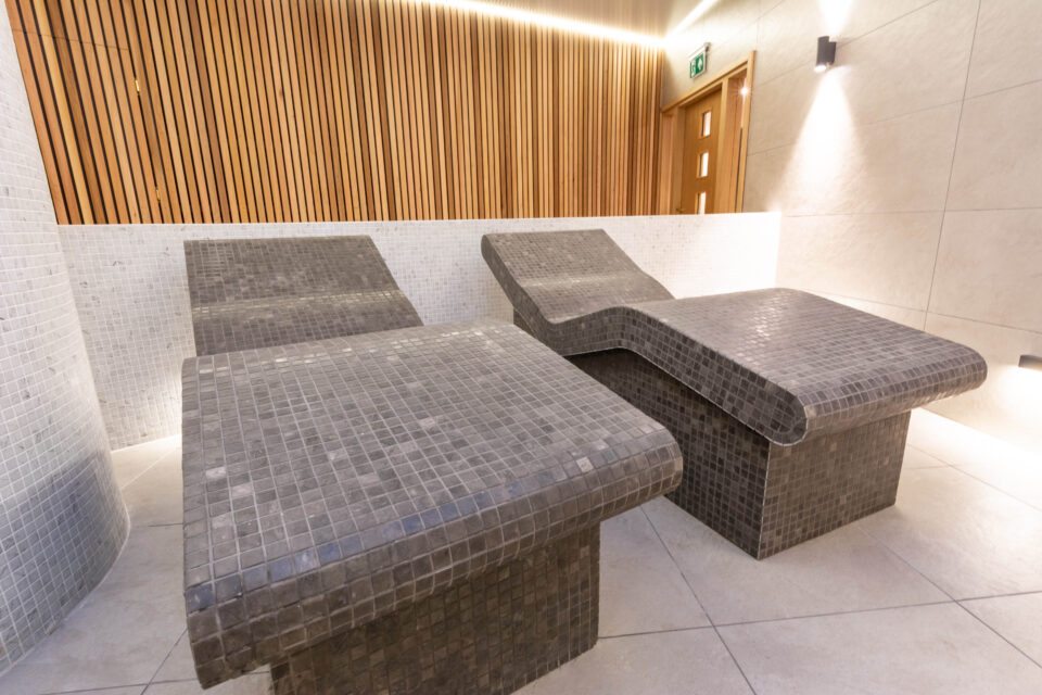 Heated loungers made from tiles in our Aztec Fire & Ice Facility.