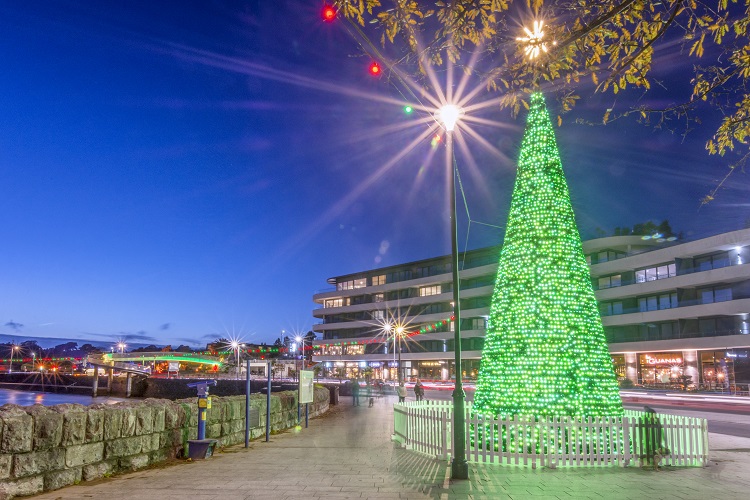 Large Christmas tree made up of green lights on Torquay seafront, part of the Bay of Lights trail.